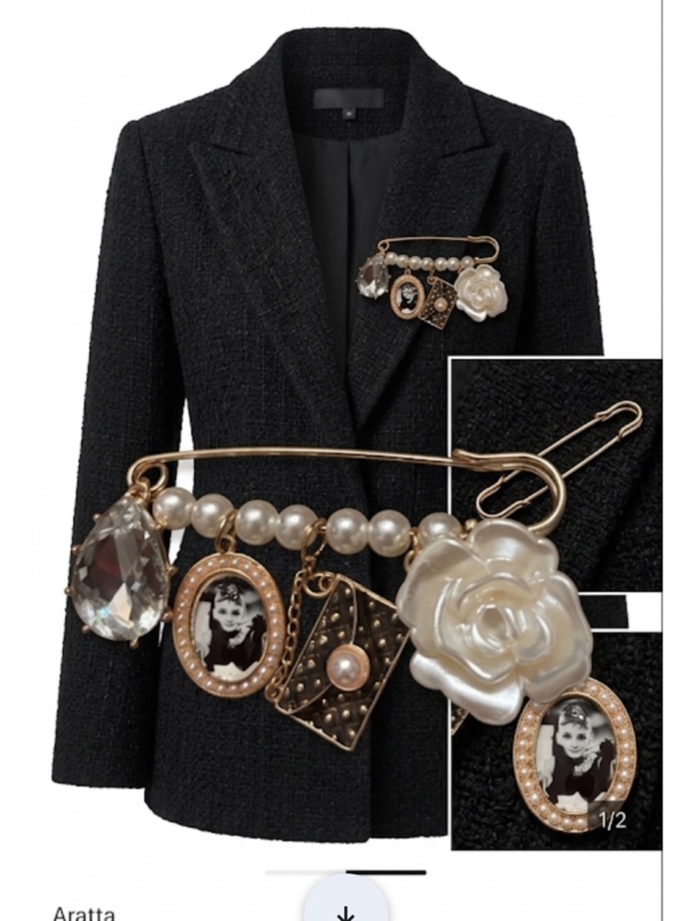 Gold-Tone Pearl & White Rose Charm Brooch wear on hat jacket scarf top etc